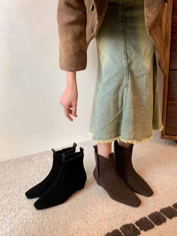 Karin Luna Classic Style Internal Height Increase Cowhide Leather Small Square Toe Short Fashion Boots