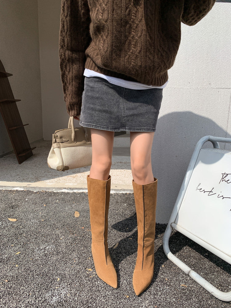 Karin Luna In Stock Spot Goods Retro Cowhide Pointed Toe Stiletto Elegant Long Boots