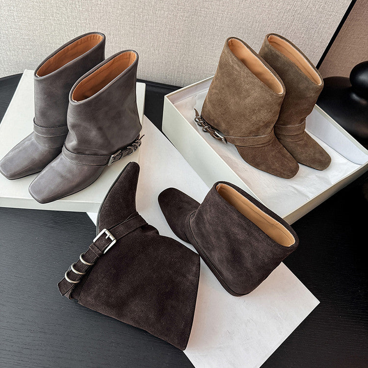 Karin Luna Data Hot Item Square Toe Hidden Wedge Belt Buckle Suede Ankle Boots