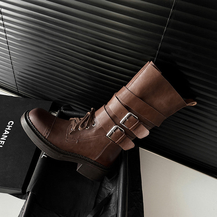 Karin Luna Bestseller Hot-Selling Large Tube Leather Belt Buckle Round Toe Thick-Soled Short Boots