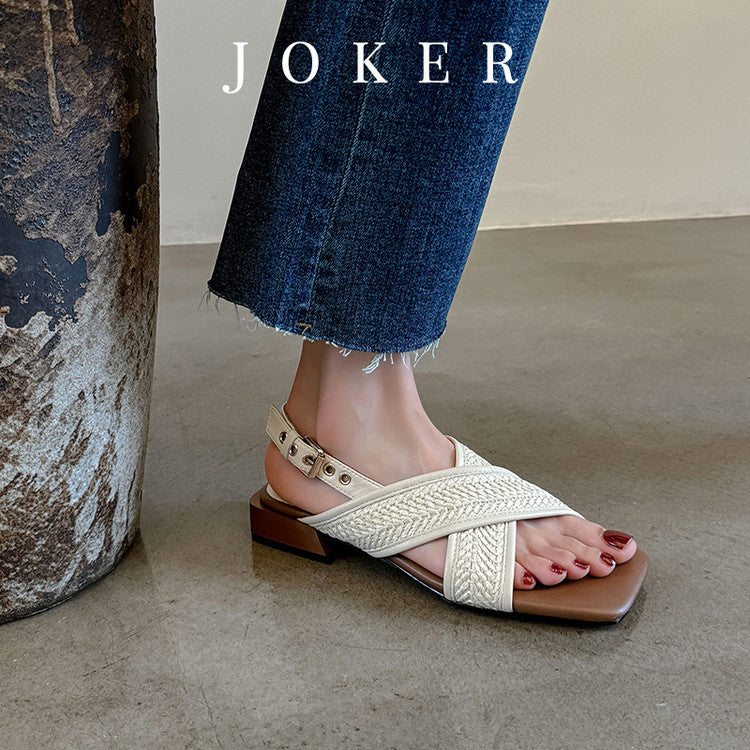 Karin Luna In Stock  Spot Goods Woven Style  Cross-strap Vacation Style Flat Sandals