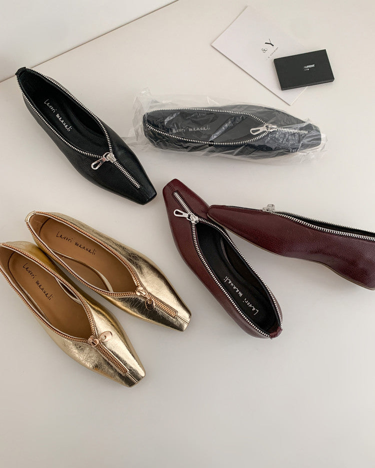 Karin Luna In Stock In Stock ~Basic Versatile Light Luxury Zipper Small Square Toe Flats