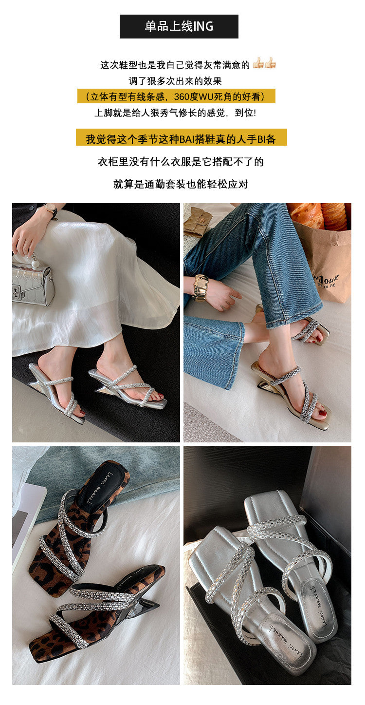 Karin Luna In Stock Spot Goods  Rhinestone One-Strap Irregular Heel Square-Toe Slippers