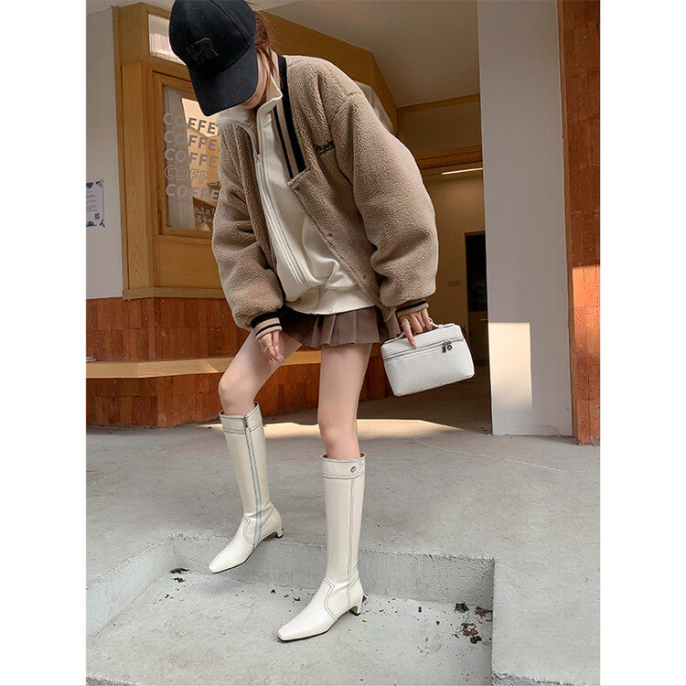 Karin Luna In Stock Spot Goods  Vintage Open Stitch Small Square Toe High Heel Side Zipper Riding Boots
