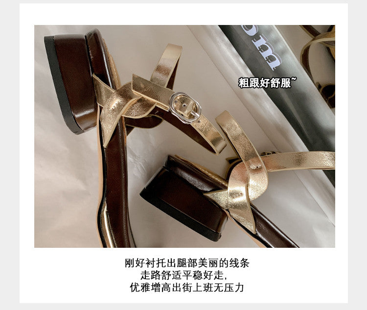Karin Luna In Stock In Stock  Rhinestone Strap Round Toe Chunky Heel Sandals