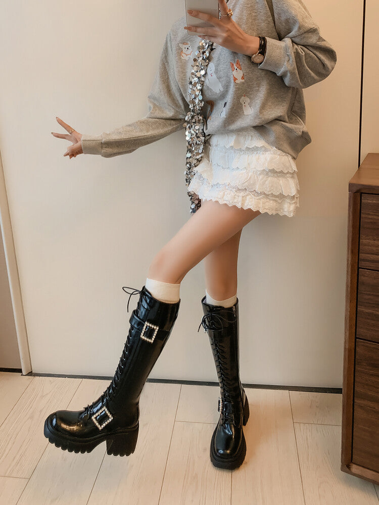 Karin Luna In Stock Spot Goods Bestselling Extended Version Rhinestone Square Buckle Thick Sole Lace-up Thick Sole Full Cowhide Knight Boots