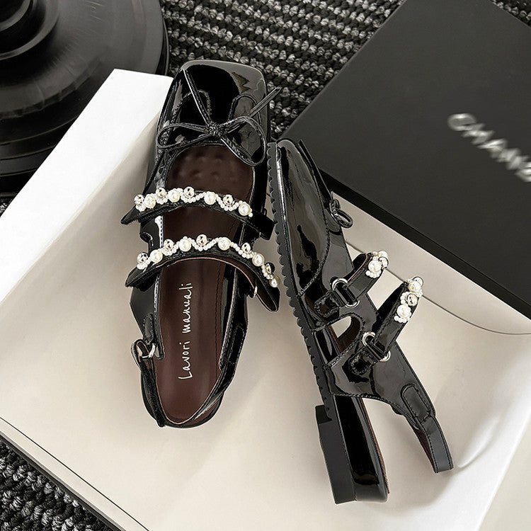 Karin Luna In Stock In Stock  Square Toe Bowknot Pearl Strap Closed-Toe Sandals