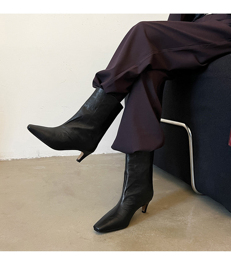 Karin Luna In Stock Spot Goods Top Layer Stone Pattern Cowhide Textured Small Square Toe Straight Short Boots