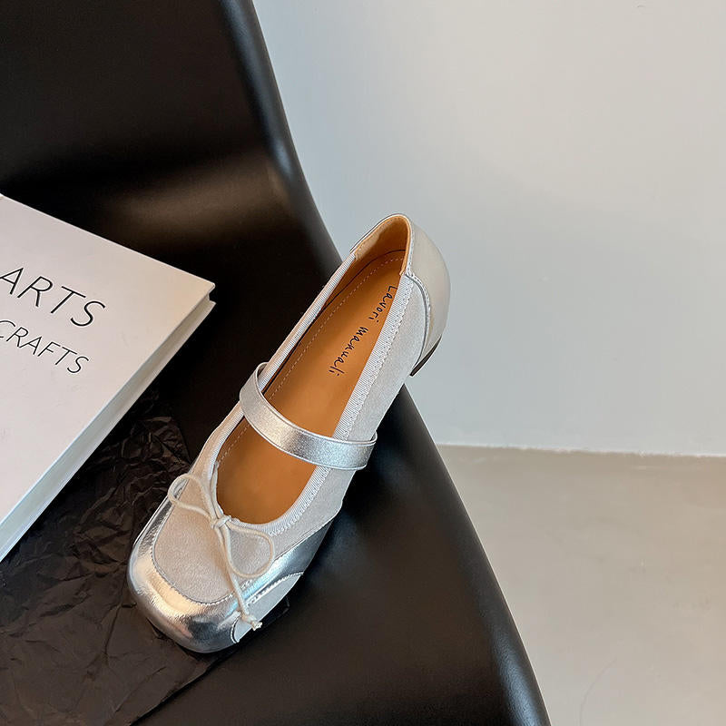 Karin Luna In Stock Spot Goods    Color Block Cowhide Leather Square Toe Slip-On Height Increasing Bowknot Flats