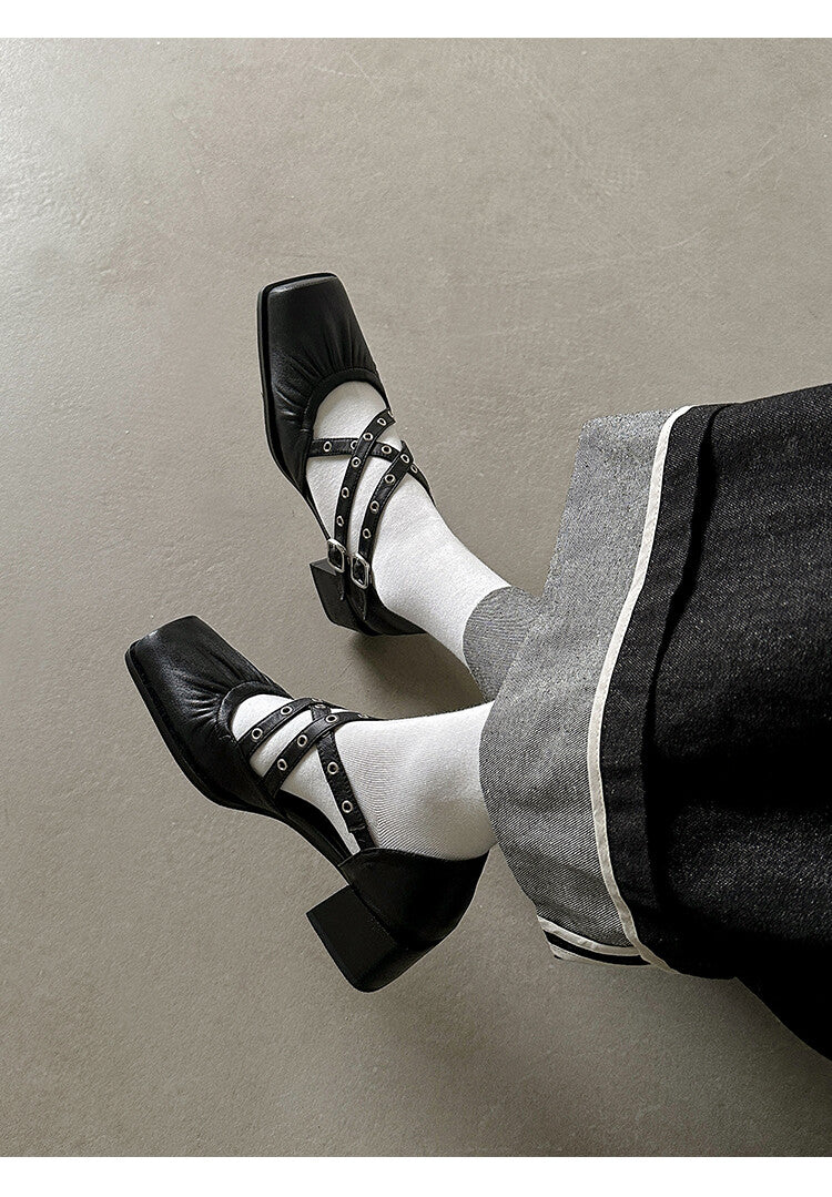 Karin Luna In Stock Spot Goods First Layer Sheepskin Cross Strap Rivet Square Toe Mary Jane Sandals