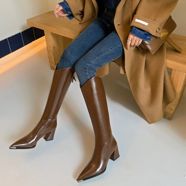 Karin Luna In Stock Spot Goods Elegant Pointed Toe Chunky Heel v Metal Toe Full Cowhide Long Boots