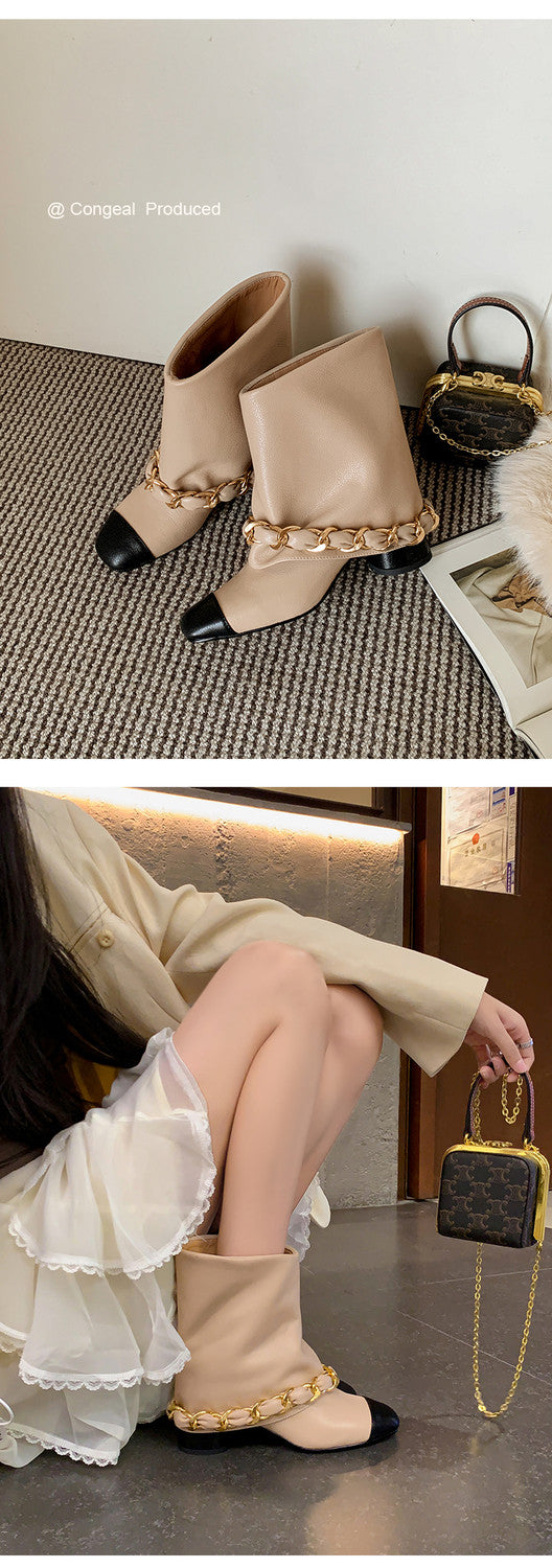 Karin Luna Classic Style Fragrant Family Style Chunky Heel Chain Ankle Boots