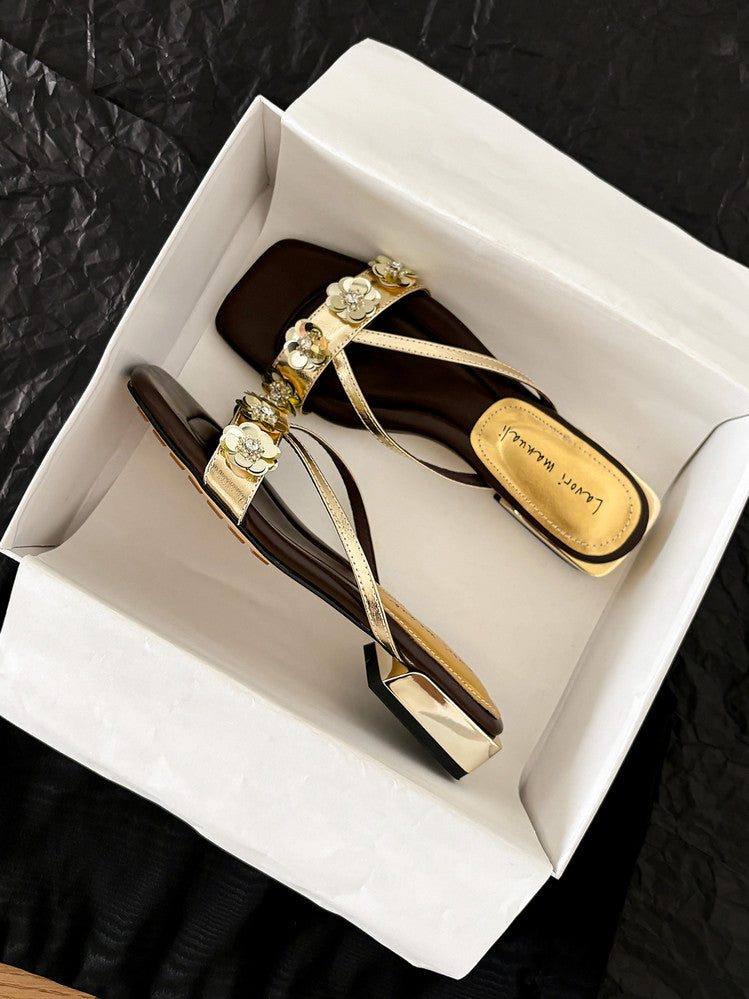 Karin Luna In Stock Spot Goods  One-Strap Sequin Floral Square-Toe Flat Slippers