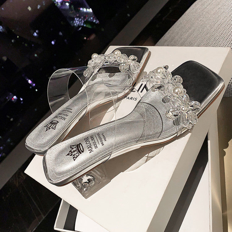 Karin Luna In Stock Spot Goods  Always in stock Square Toe Sweet Rhinestone Crystal Heel Slippers