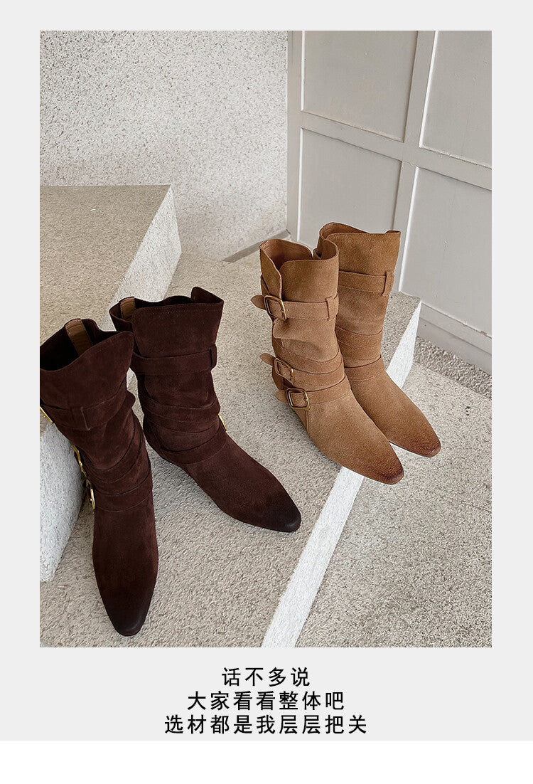 Karin Luna Cow Leather Small Square Toe Belt Buckle Fashion Boots