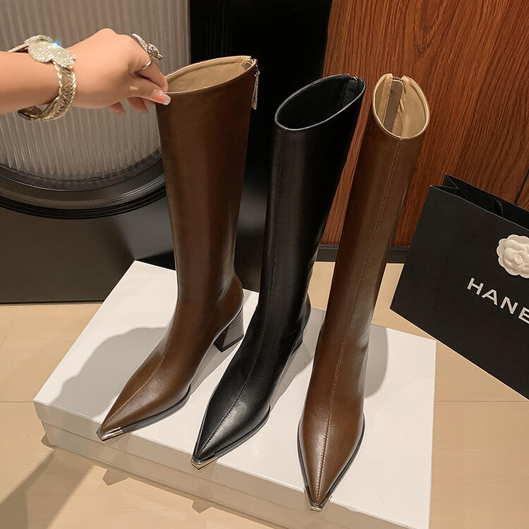 Karin Luna In Stock  In Stock Elegant Metal Pointed Toe Chunky Heel Full Cowhide Leather Riding Boots