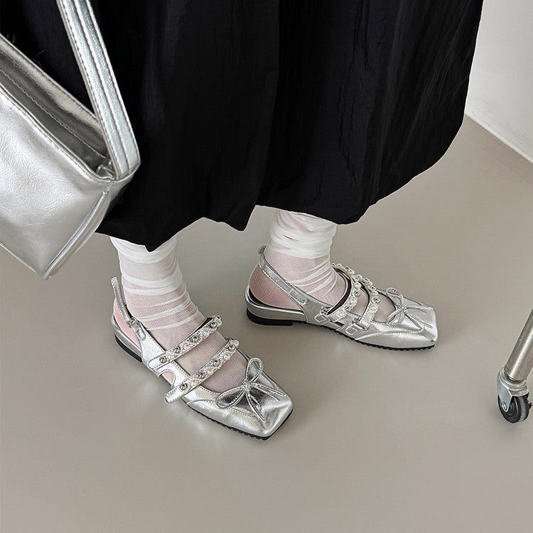 Karin Luna In Stock In Stock  Square Toe Bowknot Pearl Strap Closed-Toe Sandals