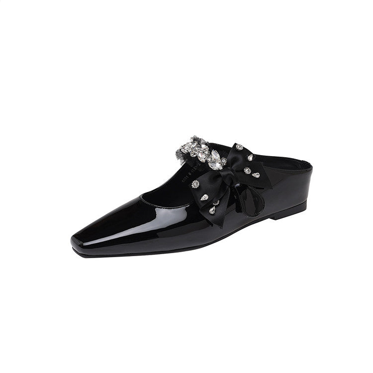 Karin Luna Handmade One-Strap Rhinestone Ribbon Square-Toe Mules