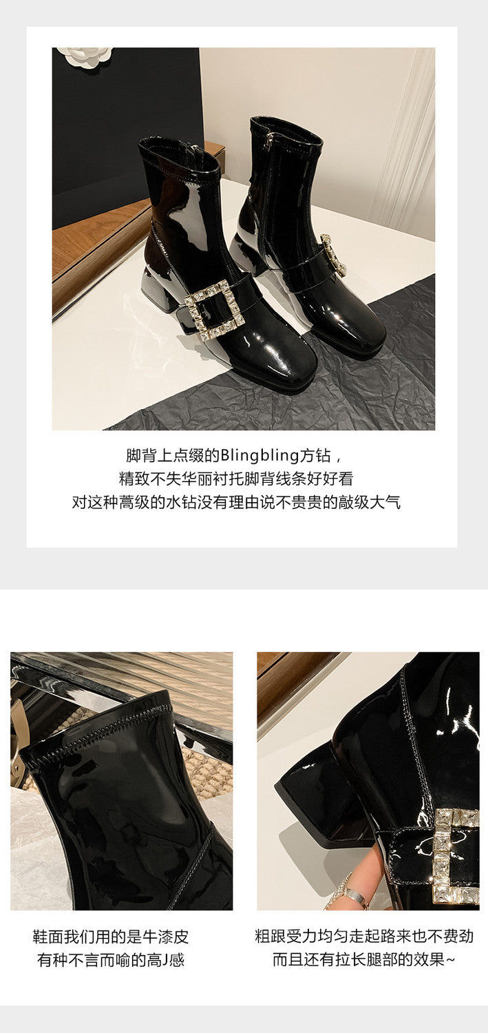 Karin Luna Elegant Style Ultra Slimming Rhinestone Chunky Heel British Style Riding Boots Long Boots