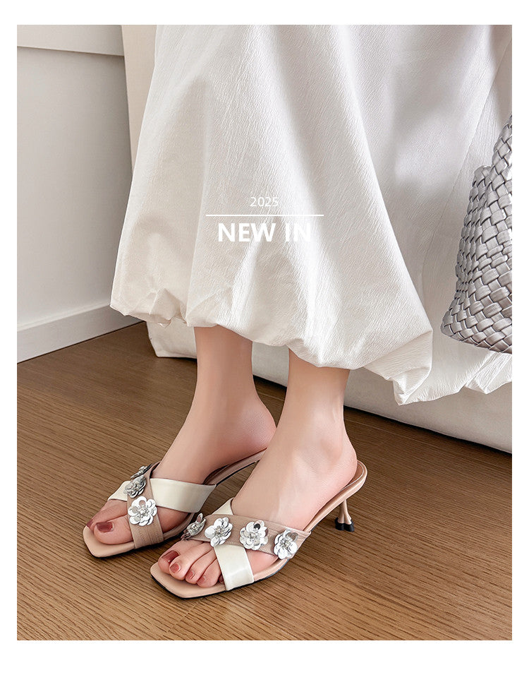 Karin Luna In Stock Spot Goods  Sequin Floral Cross Strap Square Toe Stiletto Slippers