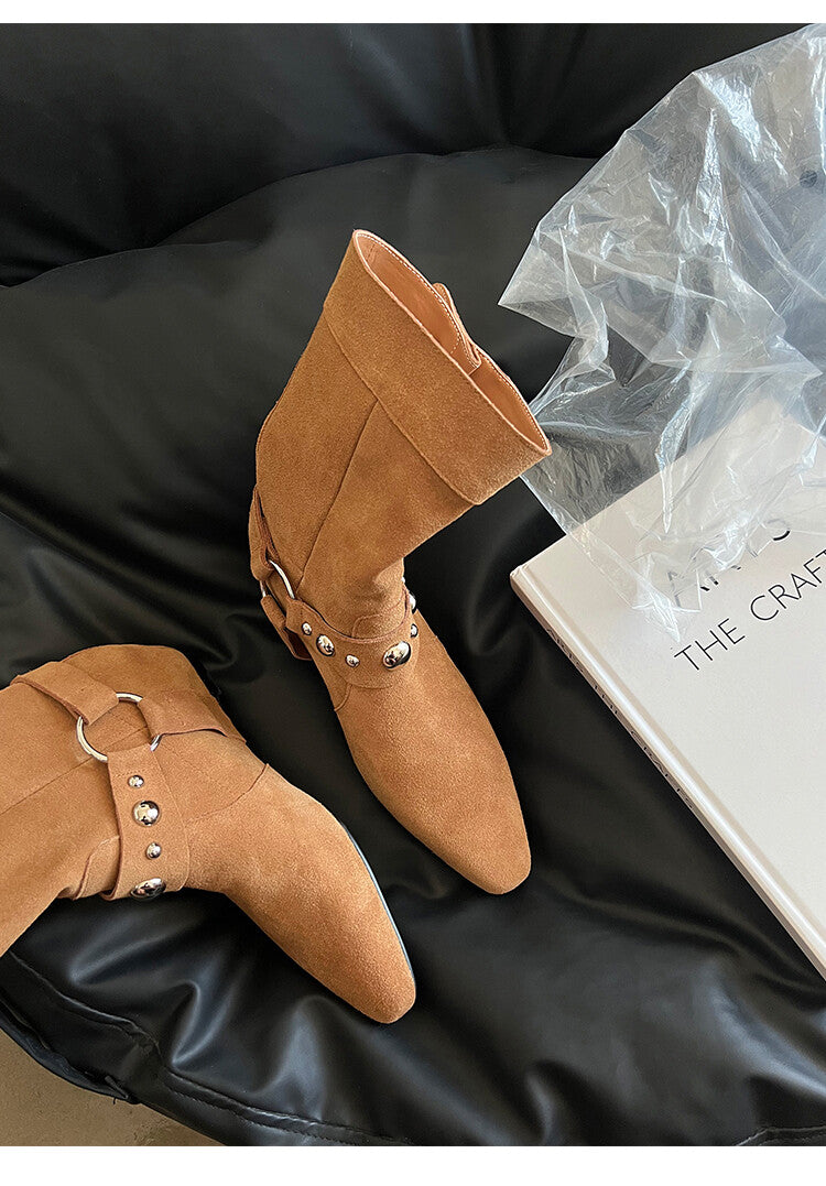 Karin Luna has prepared stock  Hot-Selling Retro Pointed Toe Wedge Metal Buckle High Tube Western Boots