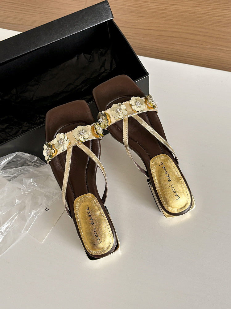 Karin Luna In Stock Spot Goods  One-Strap Sequin Floral Square-Toe Flat Slippers