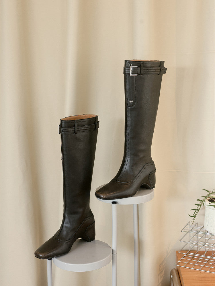 Karin Luna Belt Buckle Elegant Chunky Heel Suede Western Boots