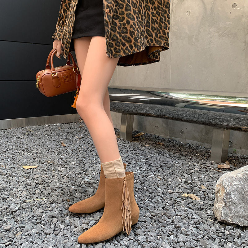 Karin Luna In Stock Spot Goods Tassel Square Toe Hidden Wedge Short Boots