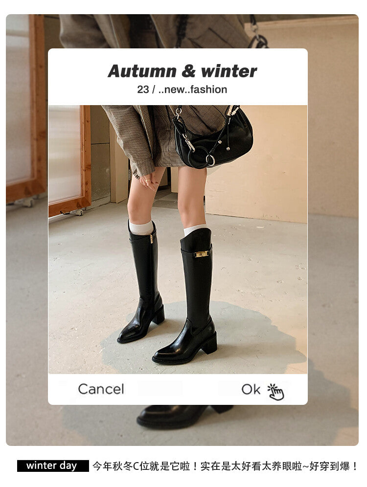 Karin Luna Hot-Selling Fasteners Sold as soon as listed Comes with data plan included Pointed Toe Chunky Heel Classic Full Cowhide Leather Riding Boots