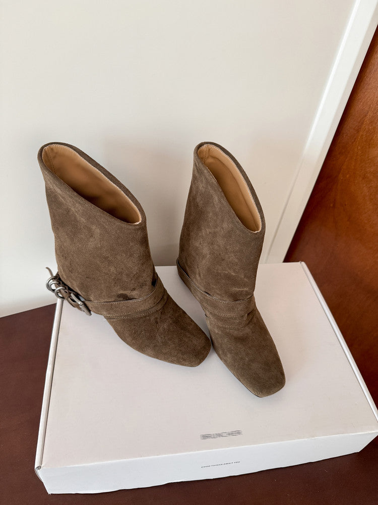 Karin Luna Data Hot Item Square Toe Hidden Wedge Belt Buckle Suede Ankle Boots