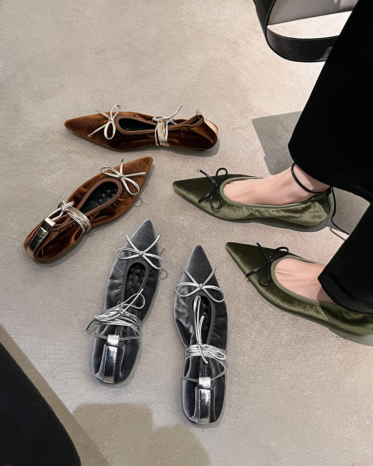 Karin Luna In Stock In Stock Retro Velvet Pointed Toe Bowknot Single Shoes