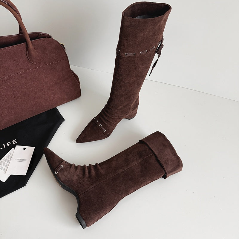 Karin Luna Elegant Style  Pointed Toe Pleated Hidden Wedge Western Boots