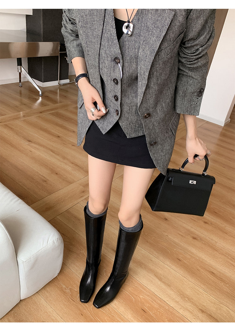 Karin Luna Minimalist Style Square-Toe Hidden Heel Long Boots