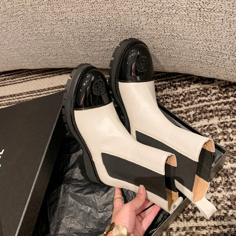 Karin Luna In Stock Spot Goods  Classic Embroidered Camellia Round Toe Thick Sole Chelsea Boots