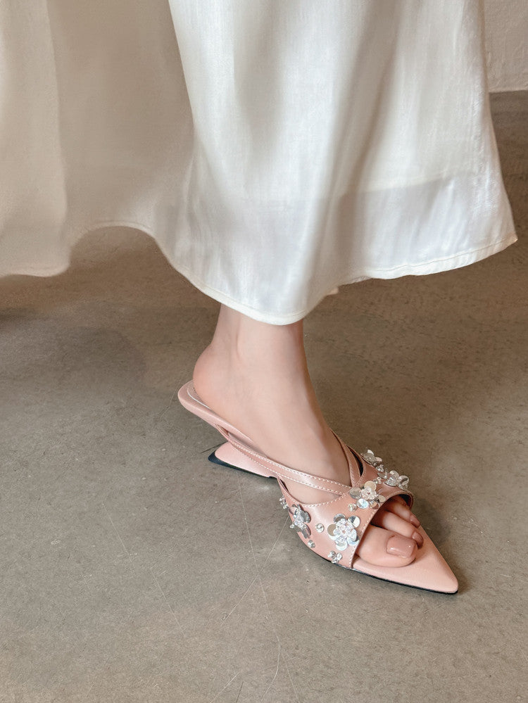 Karin Luna Bestseller Sequin Elements Elegant Pointed Toe Irregular Heel Slippers