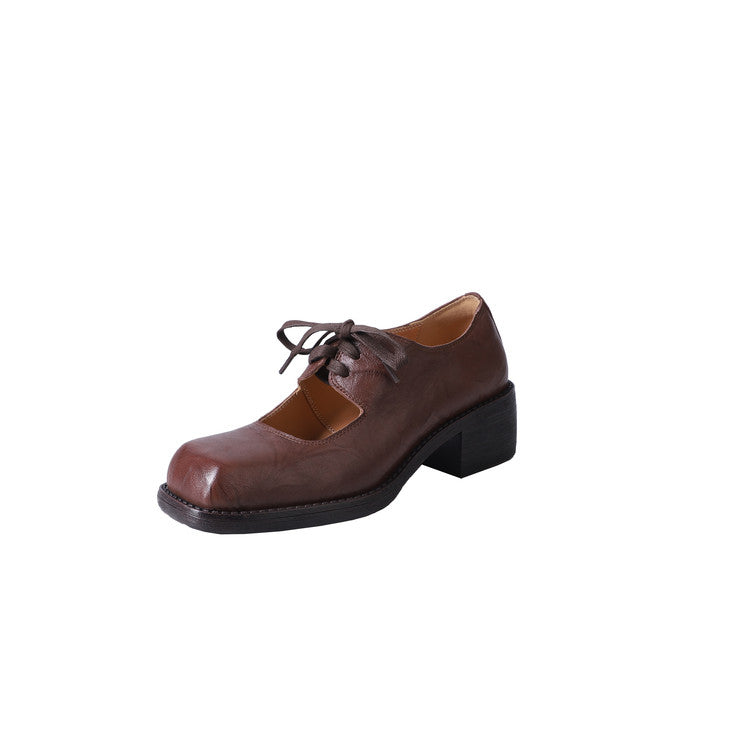 Karin Luna In Stock Spot Goods   Full leather inside and out Vegetable Tanned Hand-Grabbed Sheepskin Square-Toed Chunky Heel Single Shoes