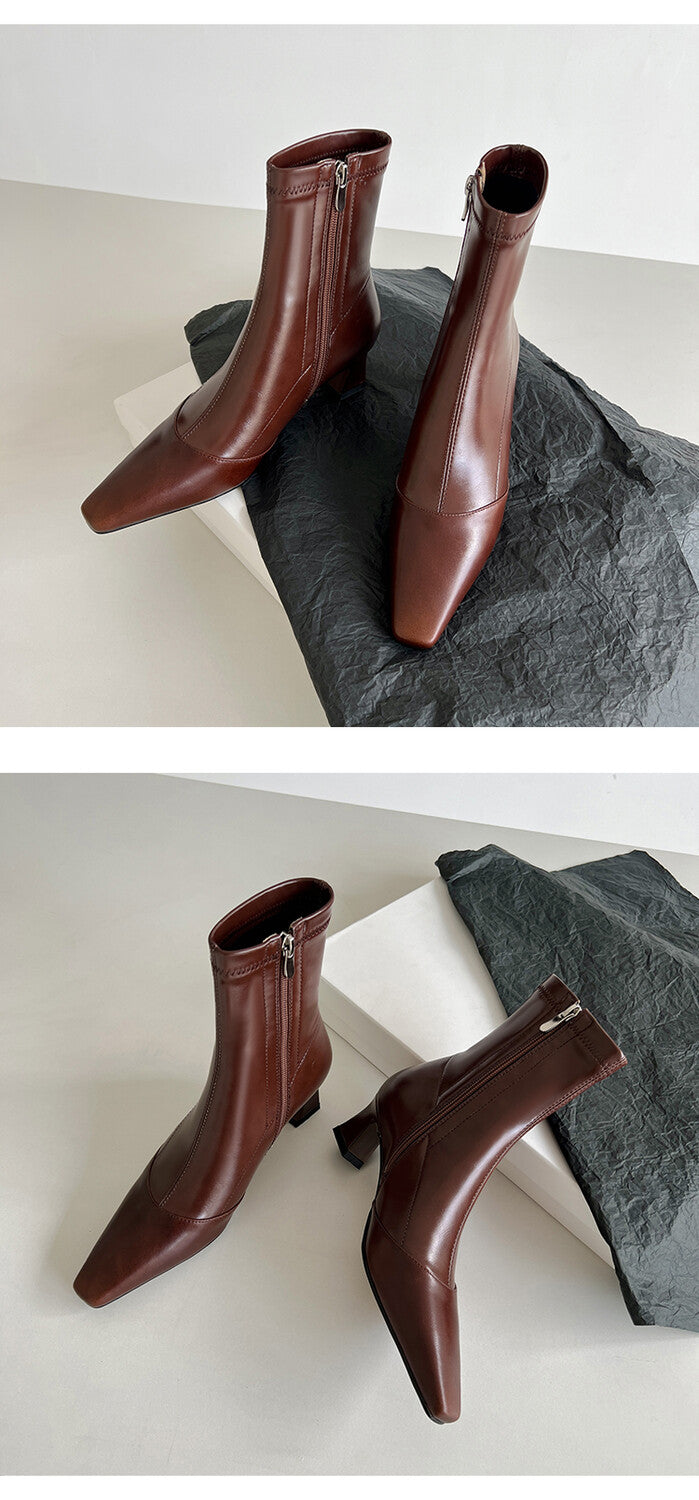Karin Luna Elegant Small Square Toe Chunky Heel Slim Boots