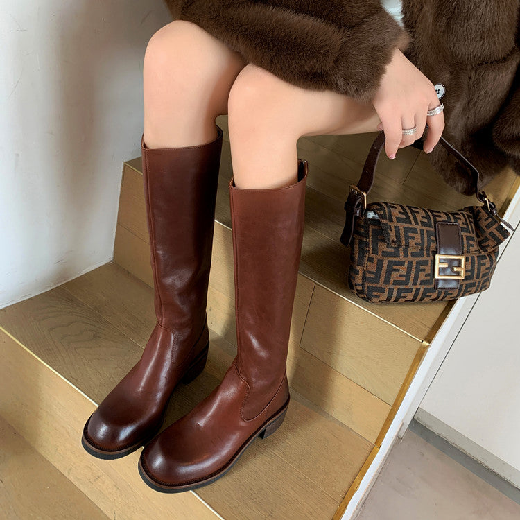 Karin Luna Basic Versatile Style Round Toe Chunky Heel Long Boots