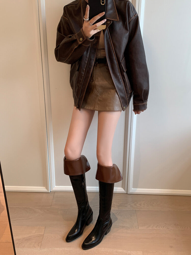 Karin Luna exploded  Three versions exploded Single Fleece Lining Fur Collar Version  Thick Fur Collar Foldable Hot-Selling Full Cowhide Pointed Toe Chunky Heel Classic Style