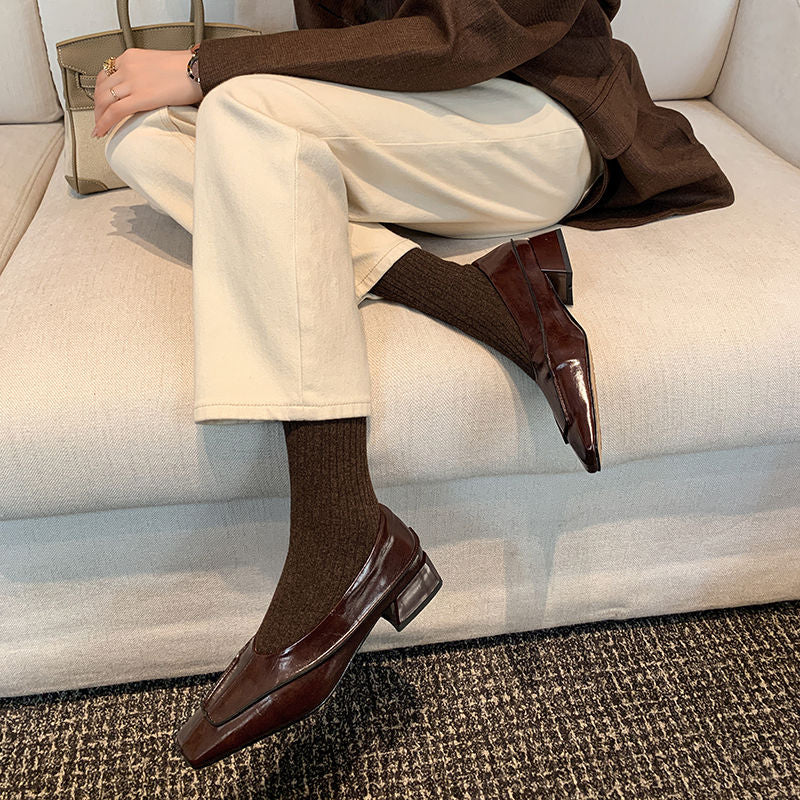Karin Luna In Stock Spot Goods  Retro Full Leather Square Toe Shallow Mouth Single Shoes