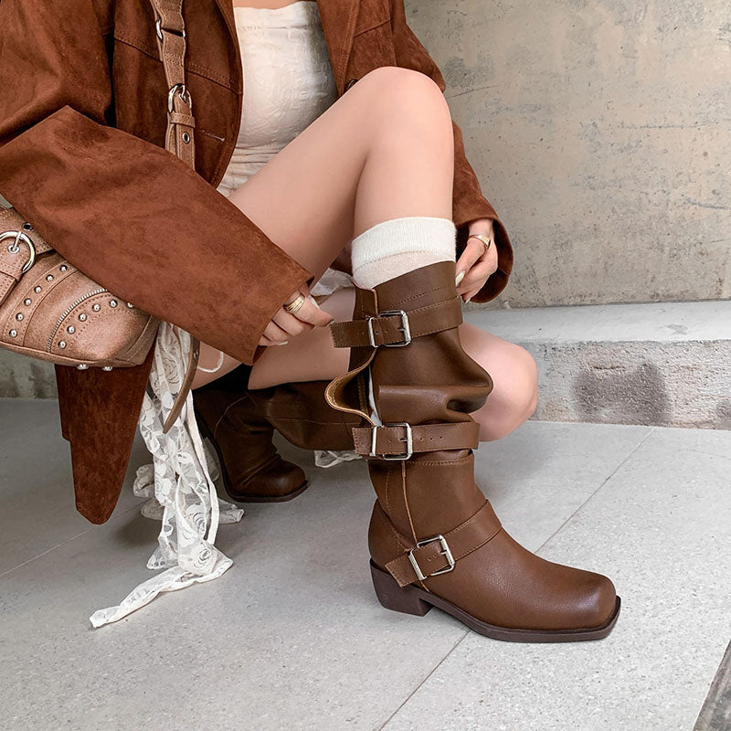 Karin Luna In Stock In Stock European and American Style Square Toe Thick Sole Belt Buckle Long Boots