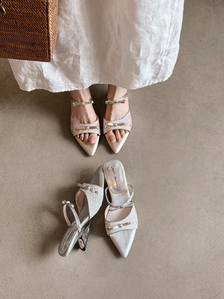 Karin Luna Fish Skin Series~Pointed Toe Irregular Heel Bowknot Strap Slippers