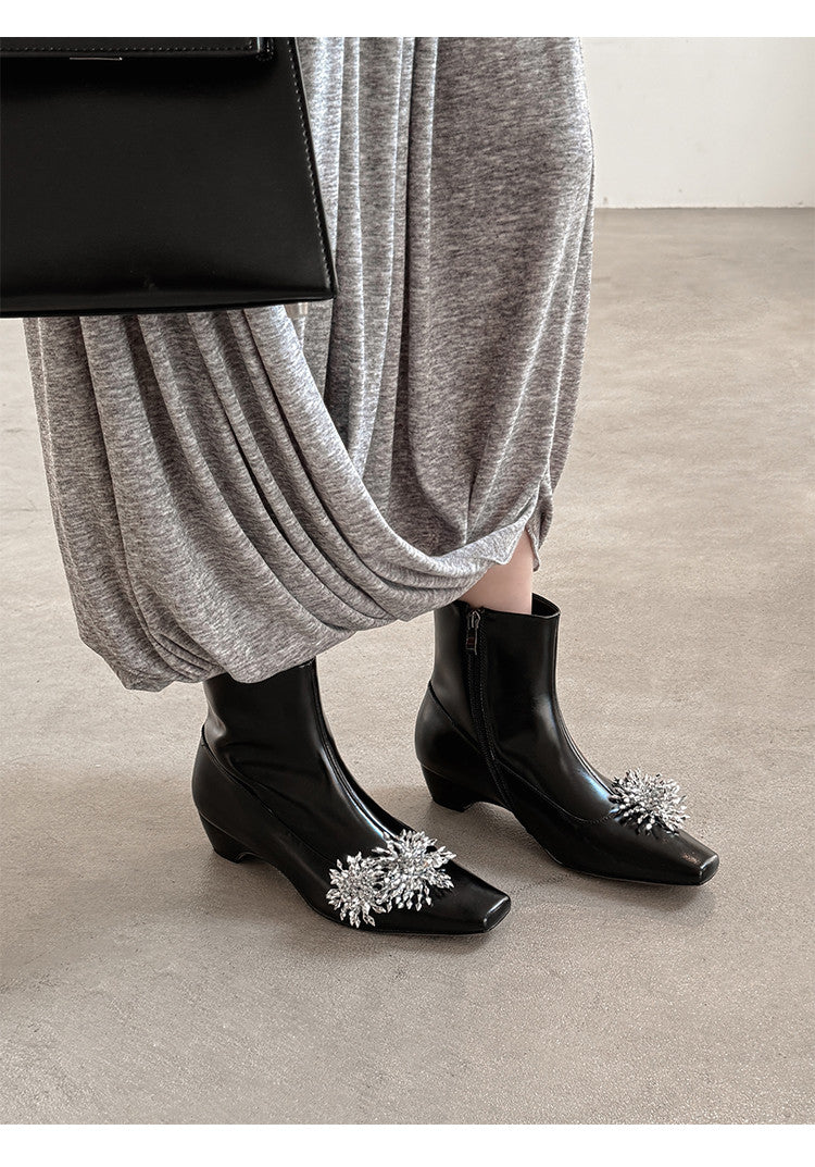 Karin Luna Elegant Style Square Toe Flower Design Height Increasing Short Boots with Two Front and Back Options