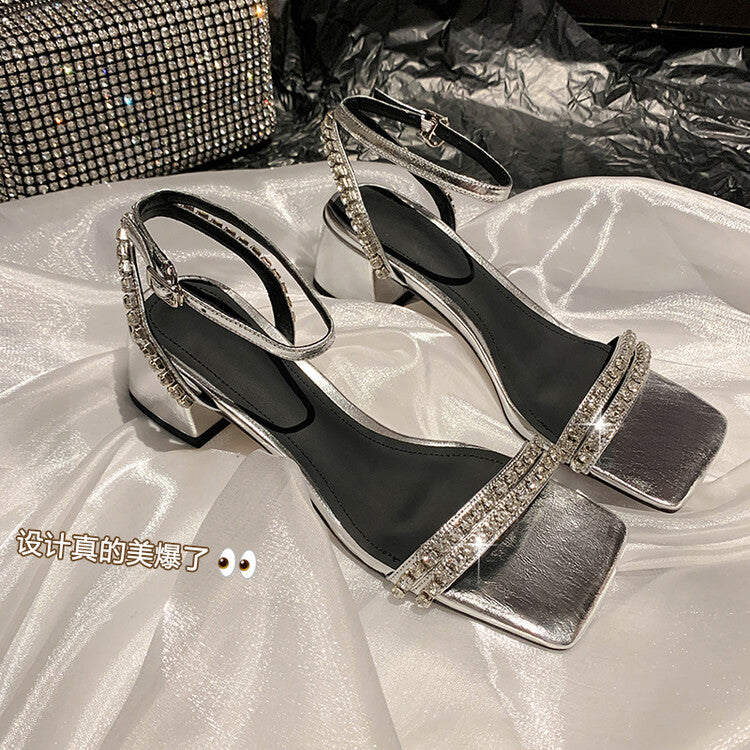 Karin Luna Classic Style   Rhinestone Strap Chunky Heel Open-Toe Sandals
