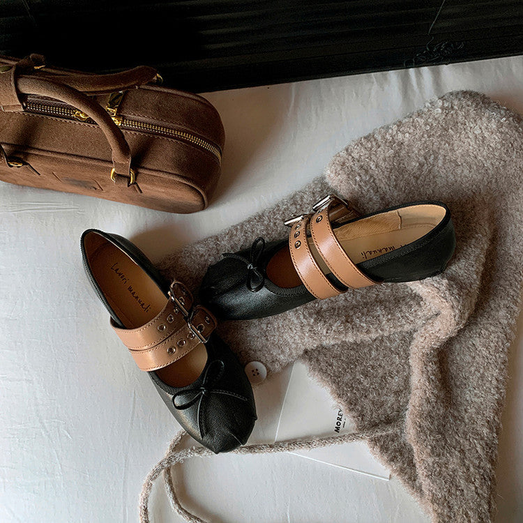 Karin Luna In Stock Spot Goods Minimalist Retro Round Toe Mary Jane Bowknot Height-Increasing Flats