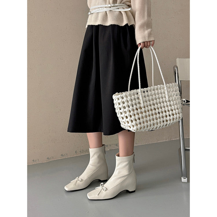 Karin Luna French Style Square Toe Bowknot Hidden Wedge Slim Boots