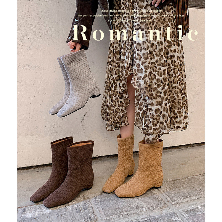 Karin Luna Handmade Woven Fabric Small Square Toe Hidden Heel Short Boots