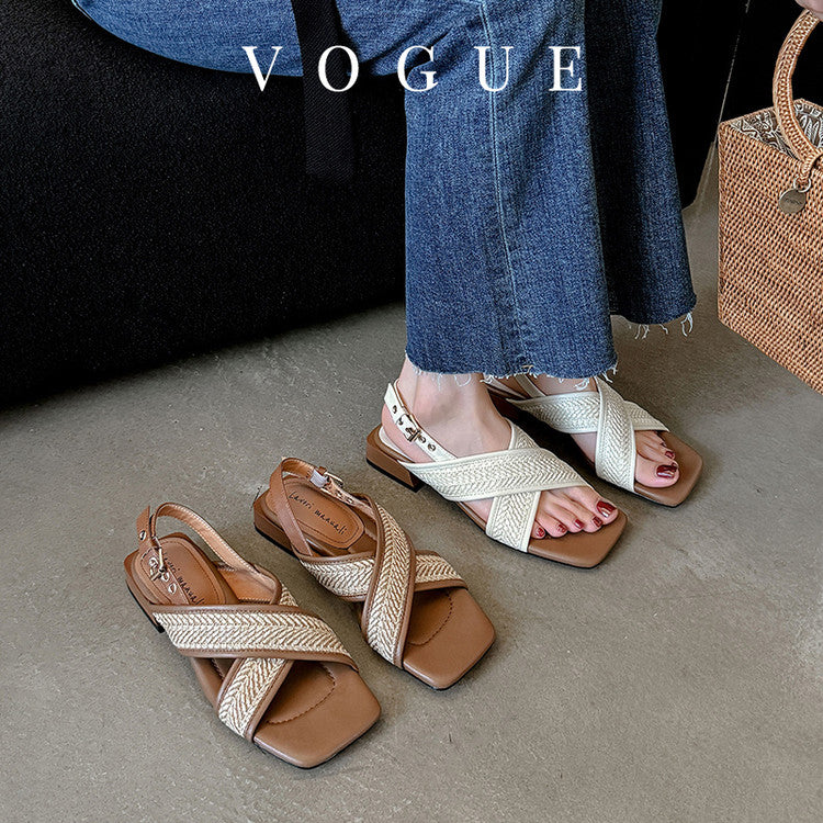 Karin Luna In Stock  Spot Goods Woven Style  Cross-strap Vacation Style Flat Sandals