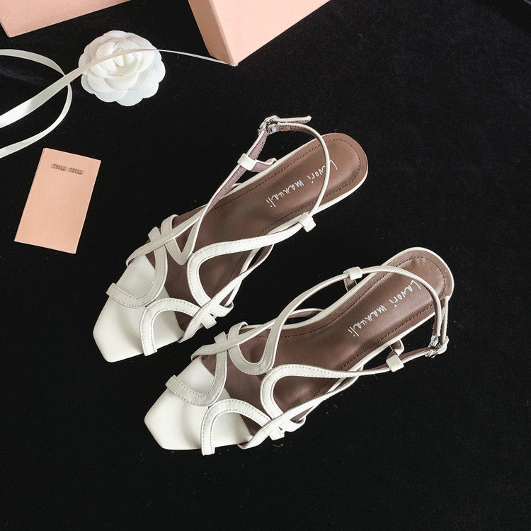 Karin Luna French Hollow Style Small Square Toe Chunky Heel Sandals
