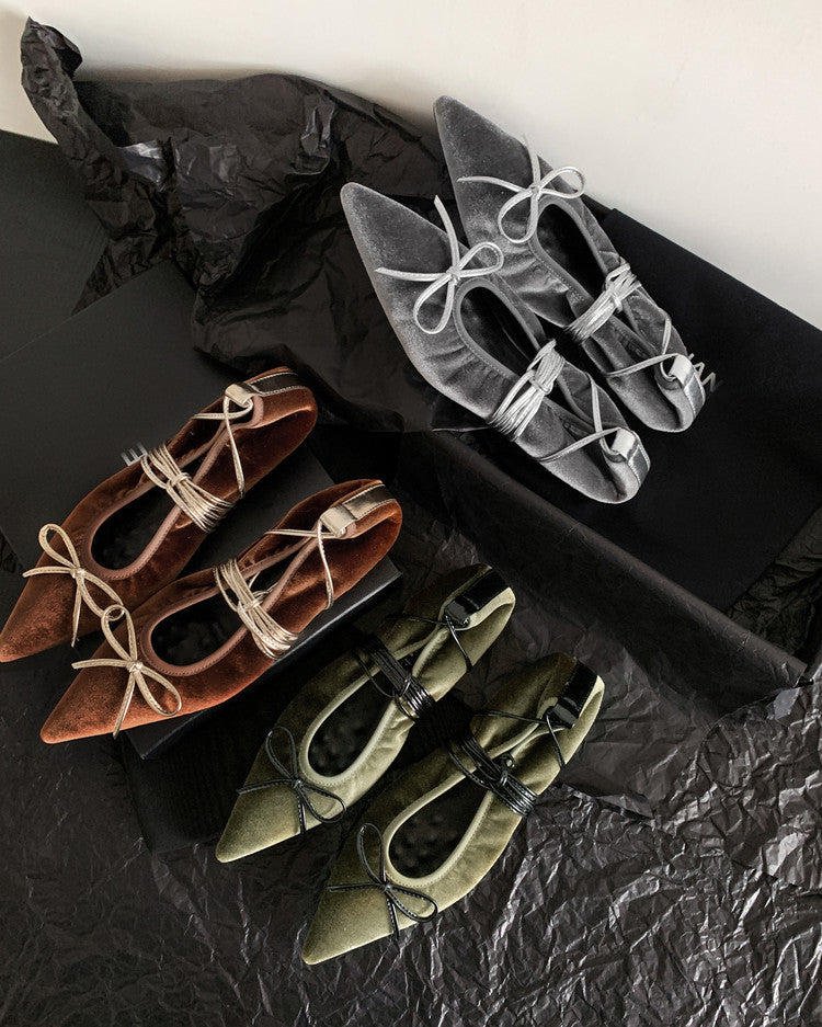 Karin Luna In Stock In Stock Retro Velvet Pointed Toe Bowknot Single Shoes